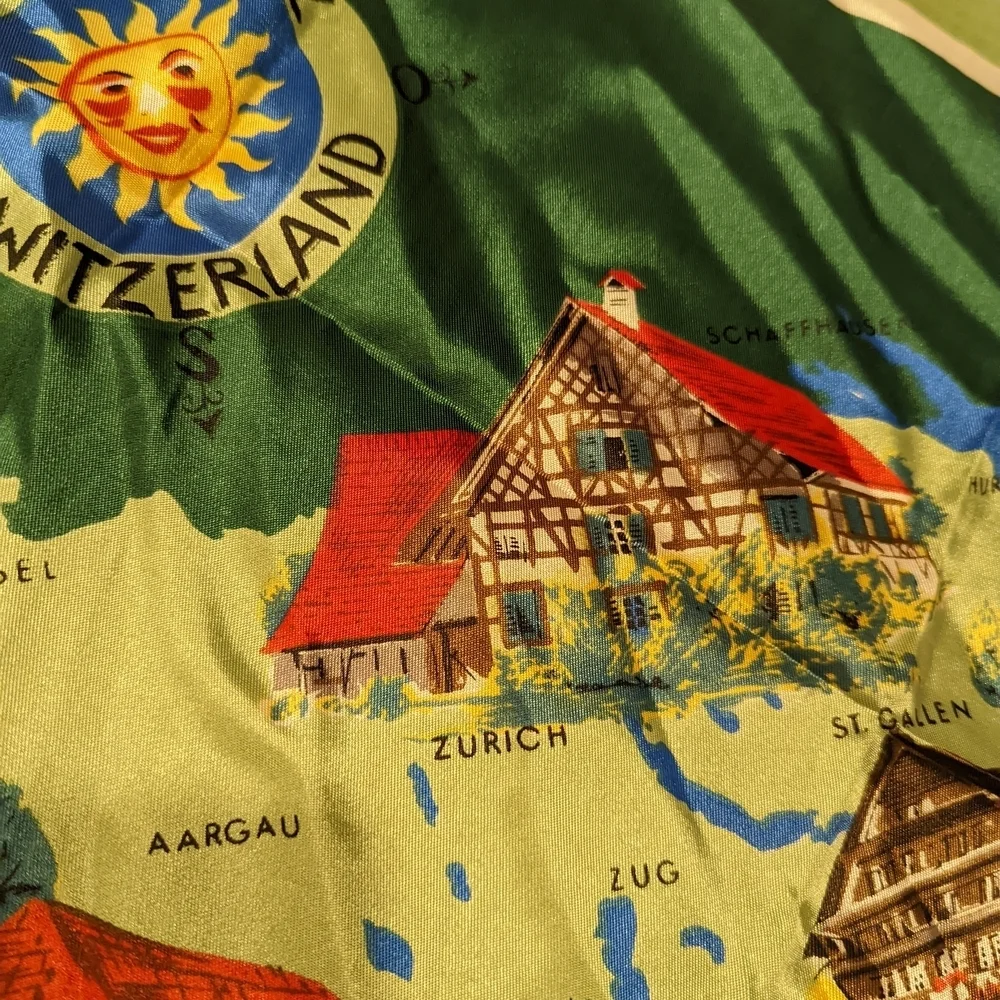 Green Silk Scarf with Swiss Map Design